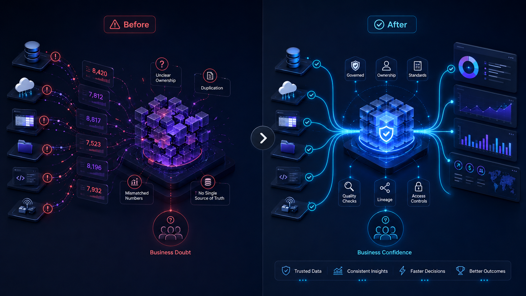 Before and after comparison showing business data doubt becoming trusted data confidence