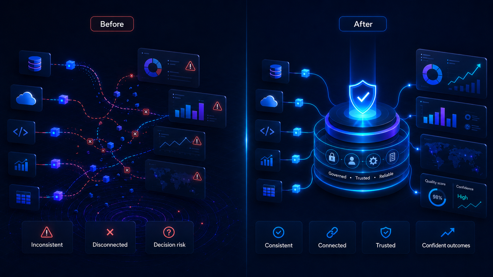 Before and after comparison showing fragmented growth data becoming a trusted governed data layer